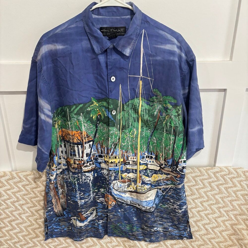 Guy Buffet 100% Silk Sailboat Hawaiian Button Down Shirt